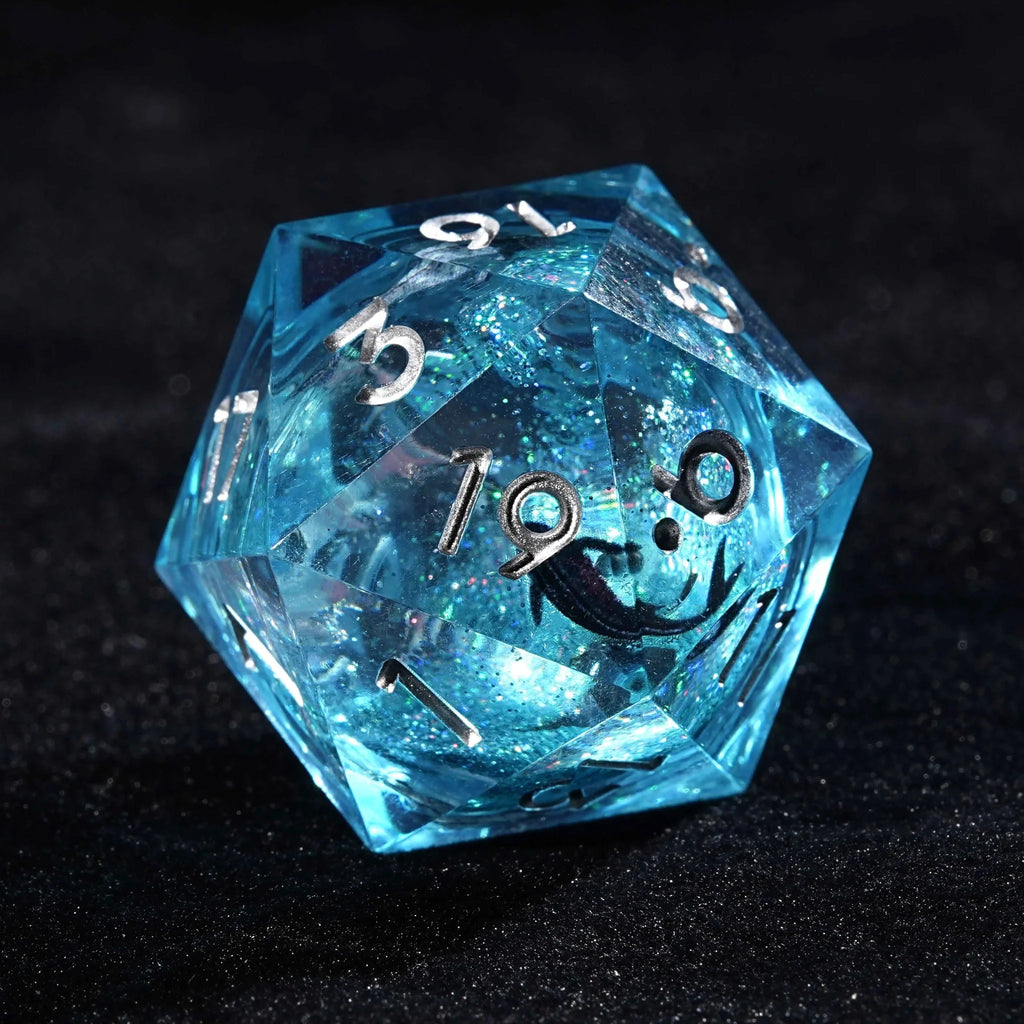 Goldfish Genie - Blue Liquid Core Resin dnd Dice Set + Silver Numbers