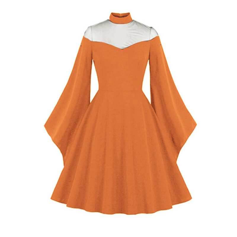 Gothic Mesh Patchwork Flared Sleeve Dress - Orange / S (Bust 88 cm)