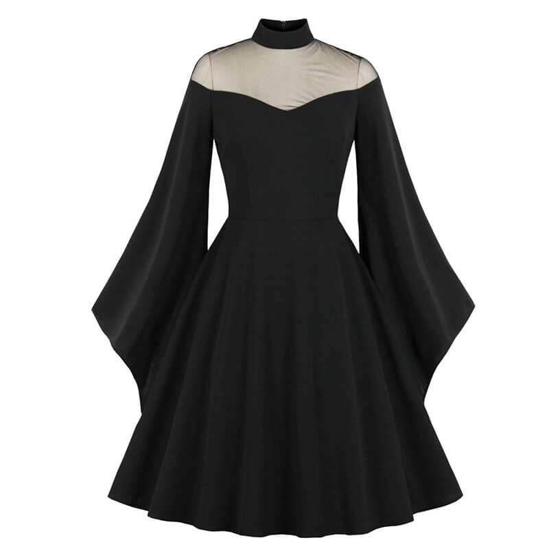 Gothic Mesh Patchwork Flared Sleeve Dress - Black / S (Bust 88 cm)