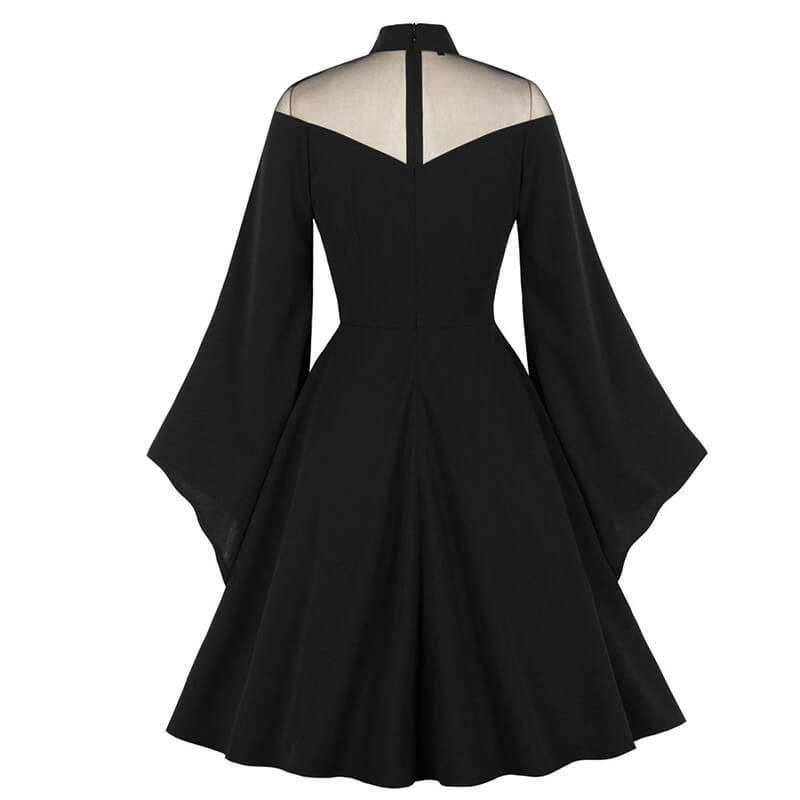 Gothic Mesh Patchwork Flared Sleeve Dress - Claret / S (Bust 88 cm)