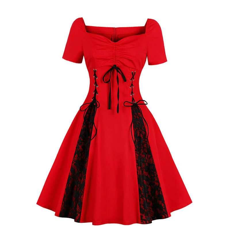 Gothic Solid Color Patchwork Lace Up Dress - Red / S (Bust 90 cm)