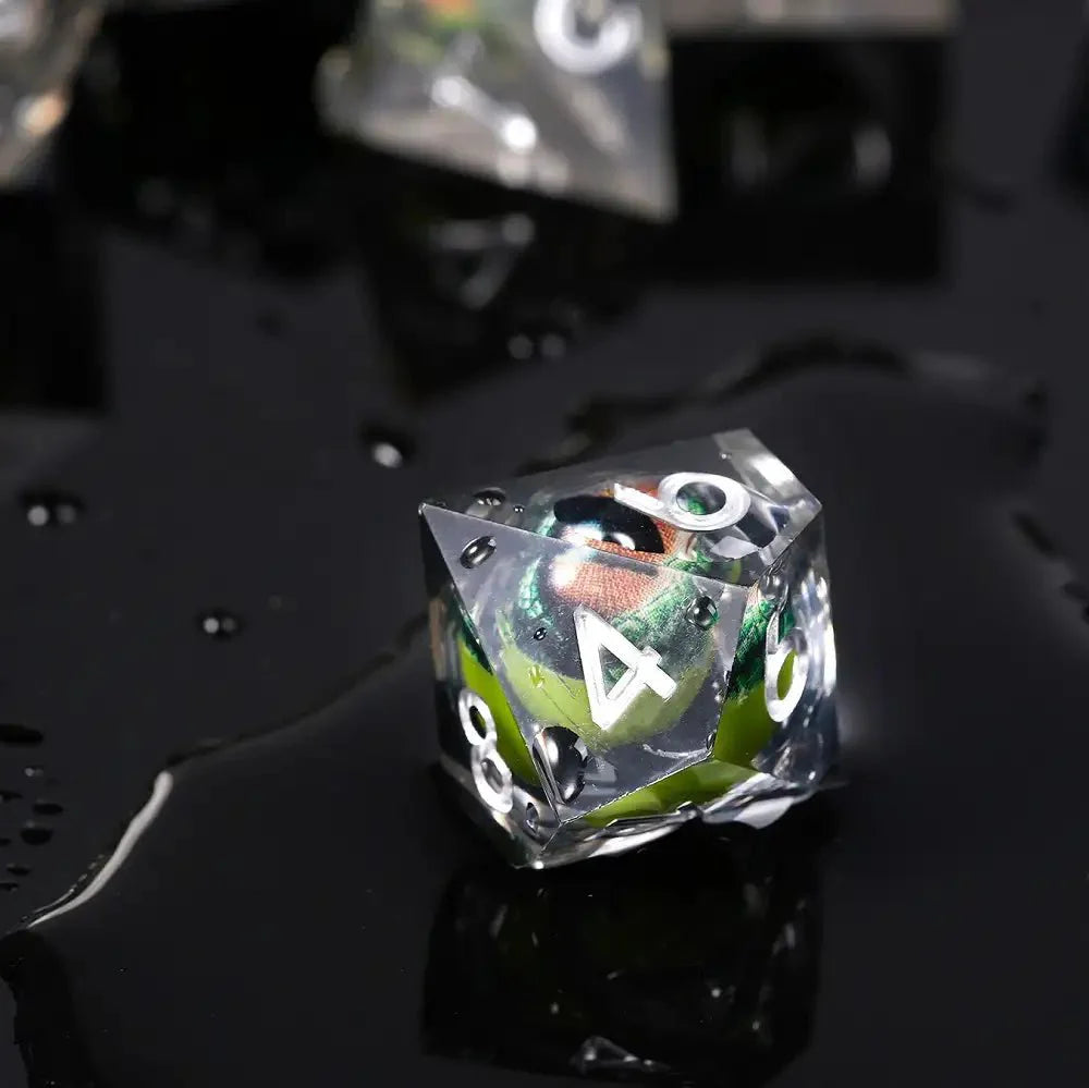 Green Crocodile Eye Core Resin DND Dice Set + Silver Font Transparency