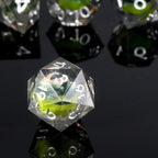 Green Crocodile Eye Core Resin DND Dice Set + Silver Font Transparency