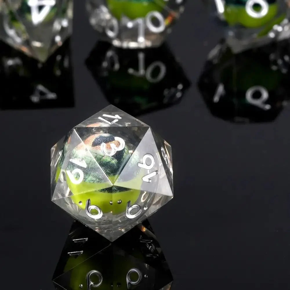 Green Crocodile Eye Core Resin DND Dice Set + Silver Font Transparency