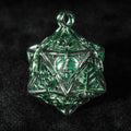 Green Leaf Hollow Metal D20 Dice Cage Necklace + 7 Metal Mini Dice Set