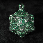 Green Leaf Hollow Metal D20 Dice Cage Necklace + 7 Metal Mini Dice Set