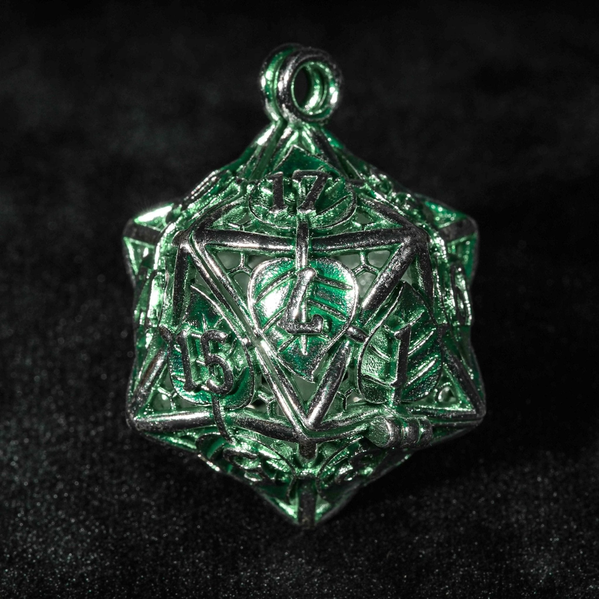 Green Leaf Hollow Metal D20 Dice Cage Necklace + 7 Metal Mini Dice Set
