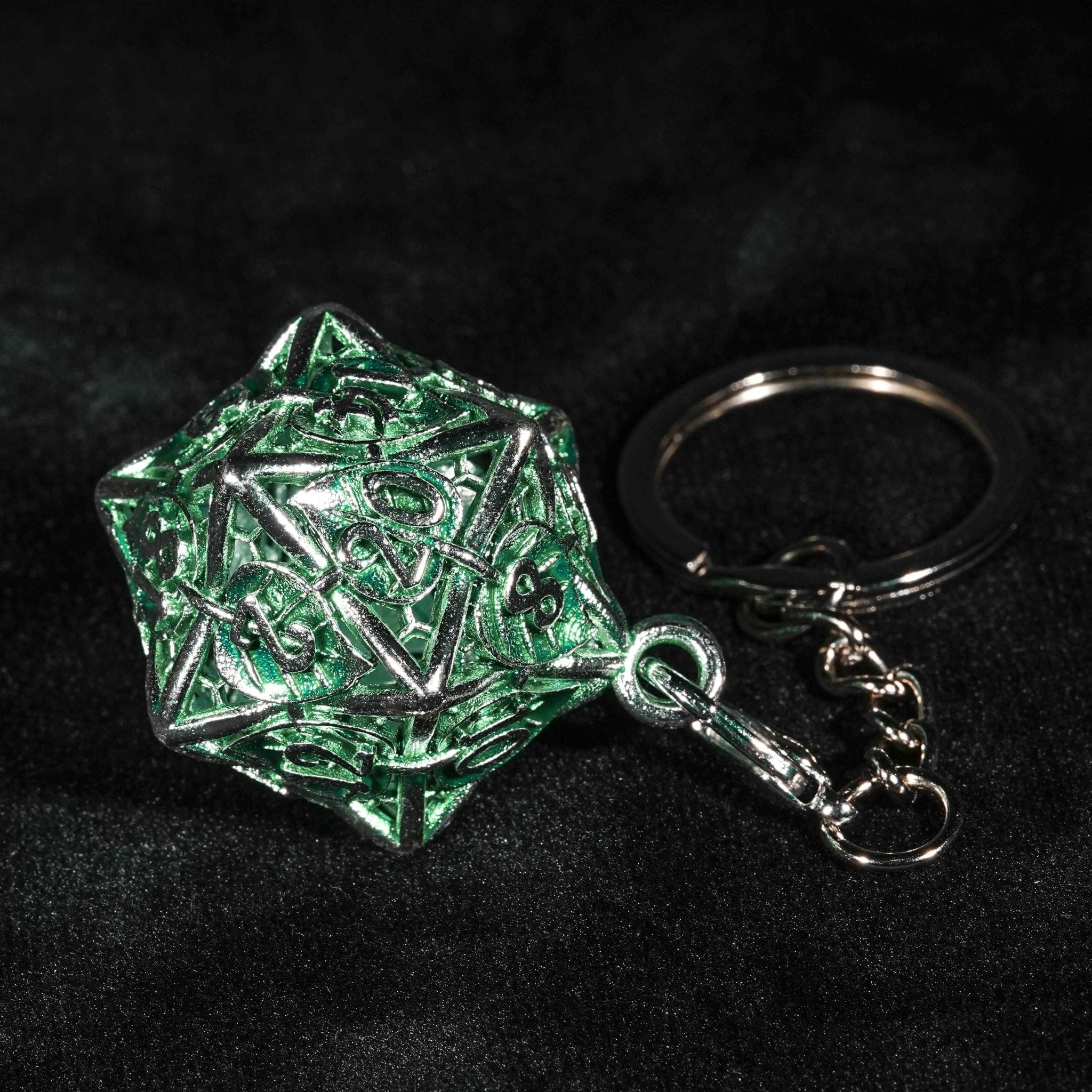 Green Leaf Hollow Metal D20 Dice Cage Necklace + 7 Metal Mini Dice Set