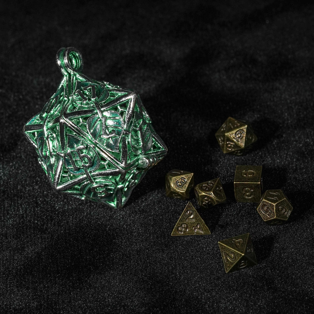 Green Leaf Hollow Metal D20 Dice Cage Necklace + 7 Metal Mini Dice Set
