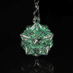 Green Leaf Hollow Metal D20 Dice Cage Necklace + 7 Metal Mini Dice Set