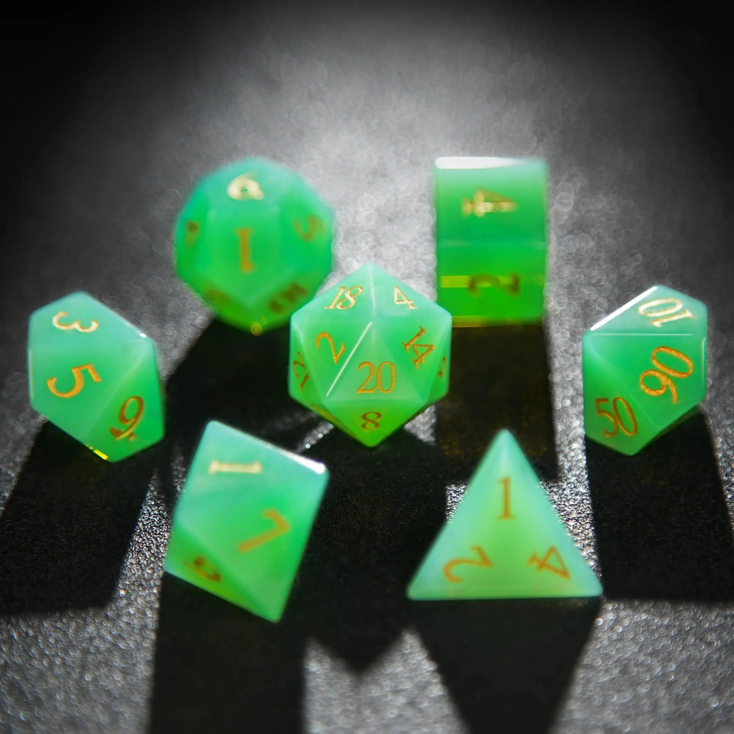 Green Opal D&D Gemstone Dice Set + Gold Numbers