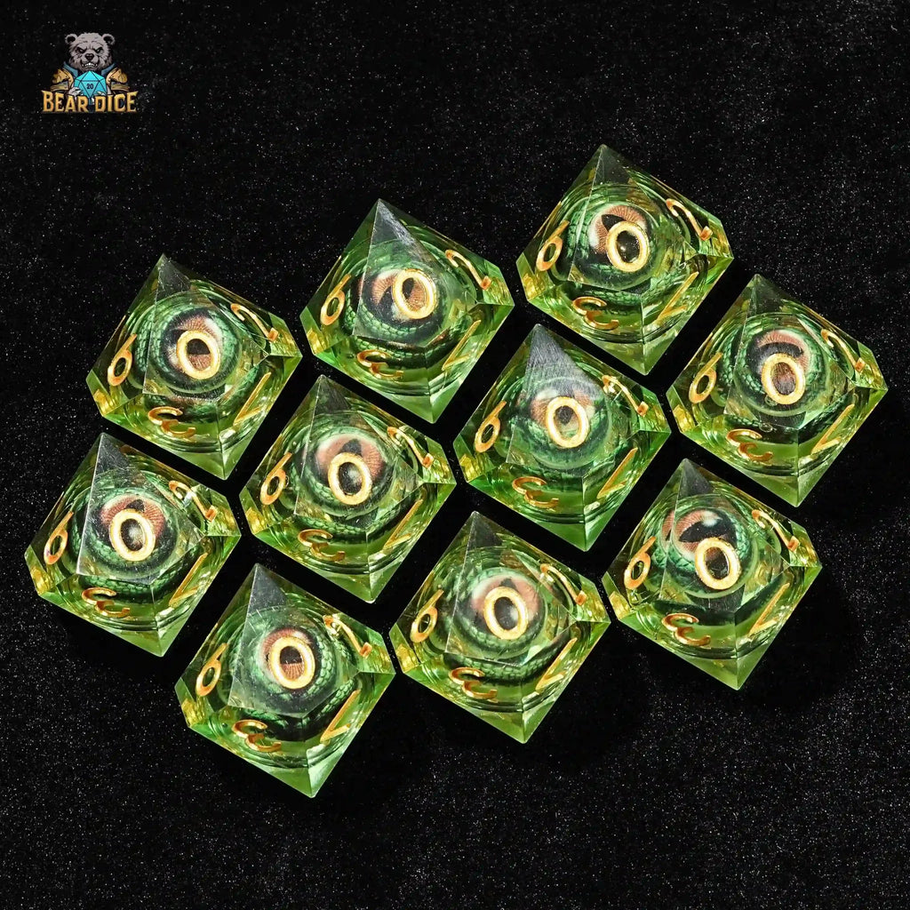 Green transparent resin D10 dice - crocodile eye liquid core ten-sided dice