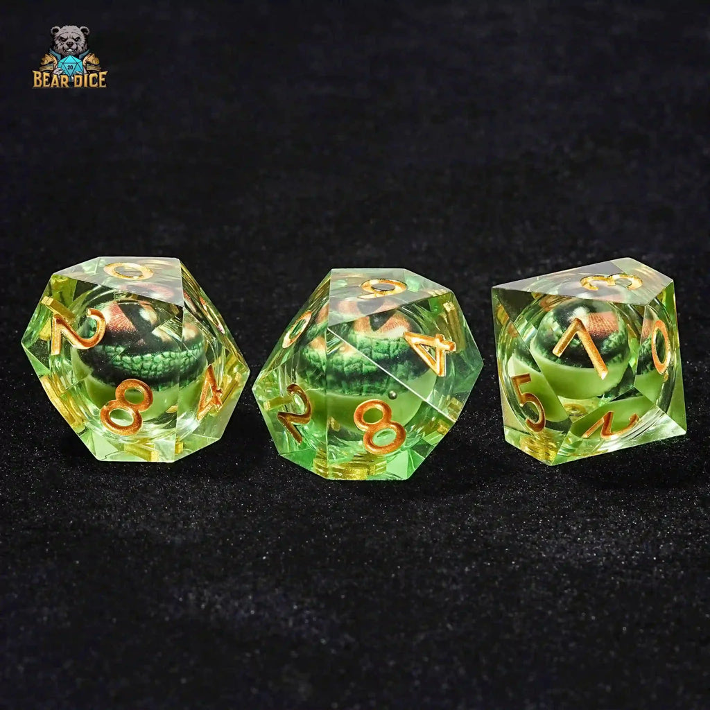 Green transparent resin D10 dice - crocodile eye liquid core ten-sided dice