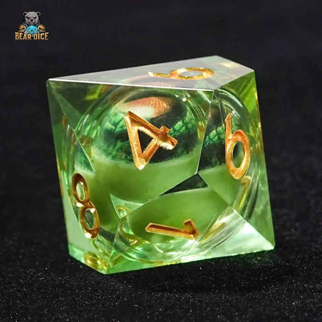 Green transparent resin D10 dice - crocodile eye liquid core ten-sided dice
