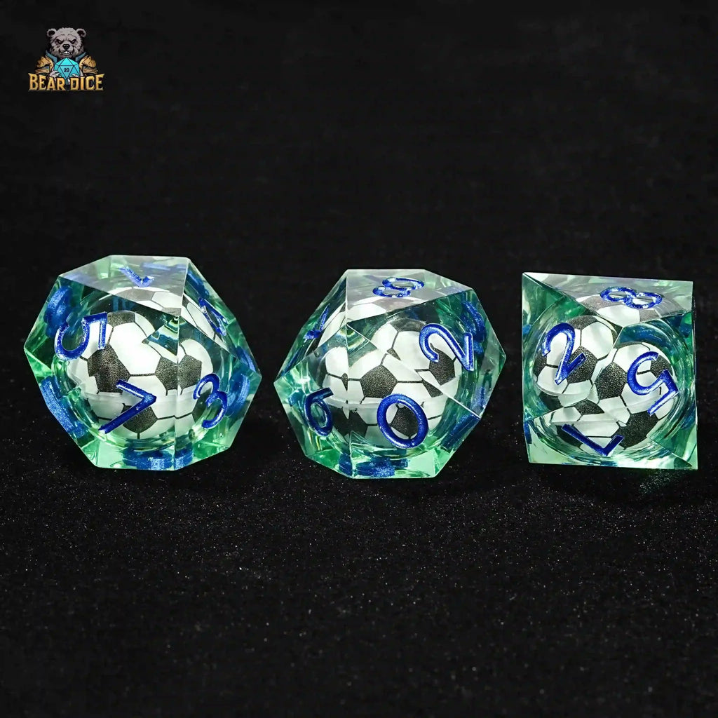 Green transparent resin D10 dice: liquid core soccer ball 10 sided dice