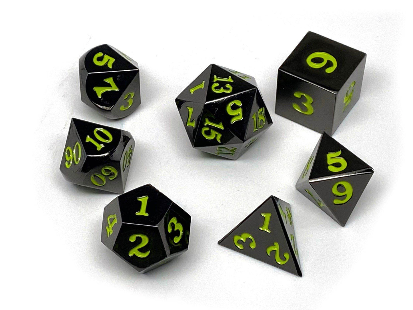 Gun Metal 7 Piece Dice Set - Signature Font - Lime - 