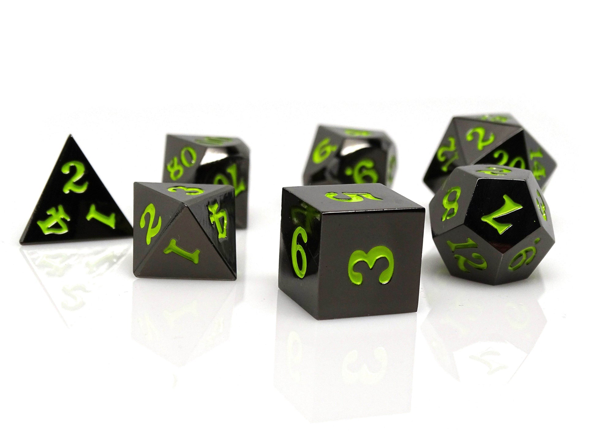 Gun Metal 7 Piece Dice Set - Signature Font - Lime - 