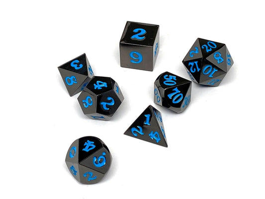 Gun Metal 7 Piece Dice Set - Signature Font - Powder Blue - 
