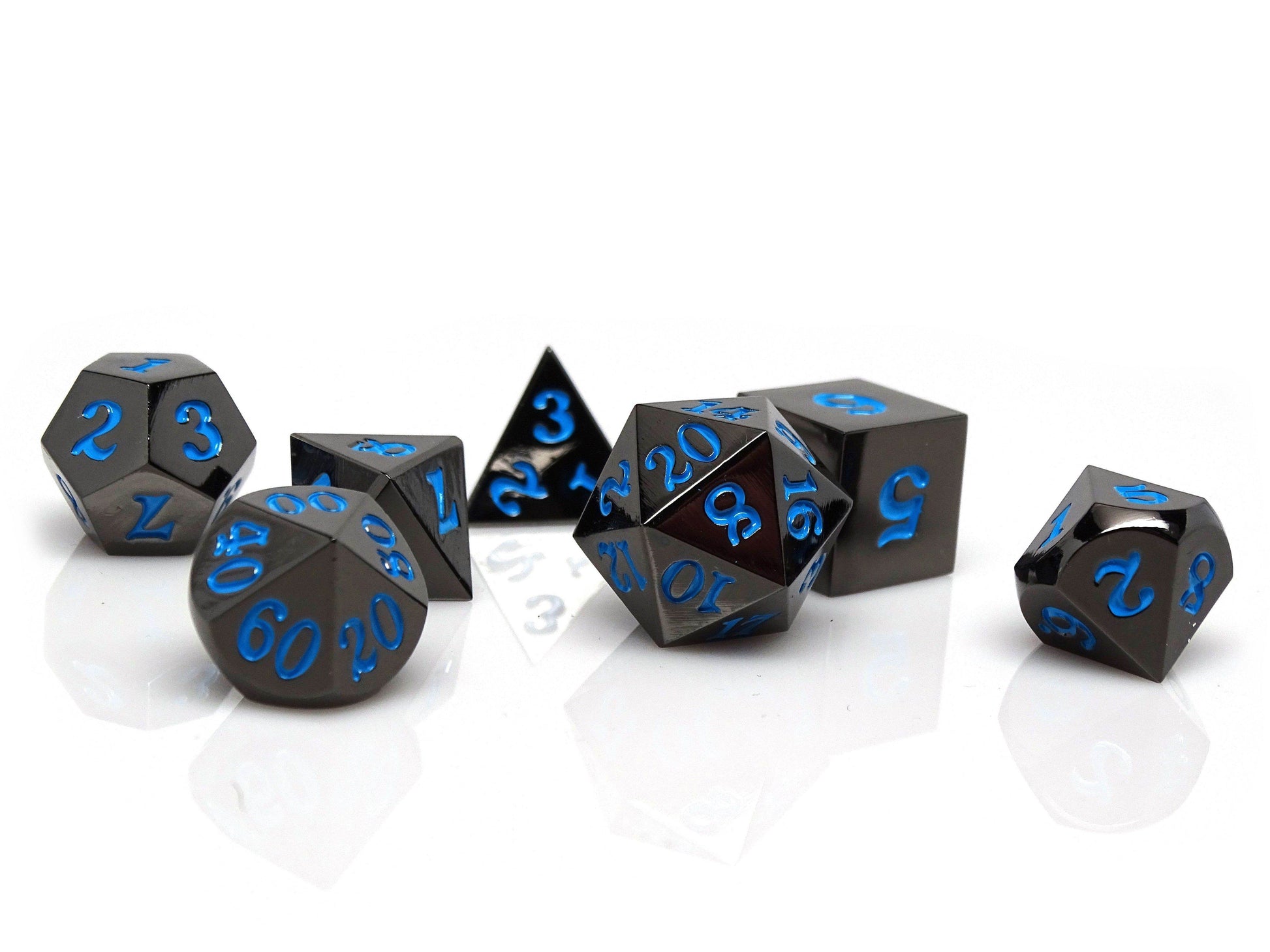 Gun Metal 7 Piece Dice Set - Signature Font - Powder Blue - 