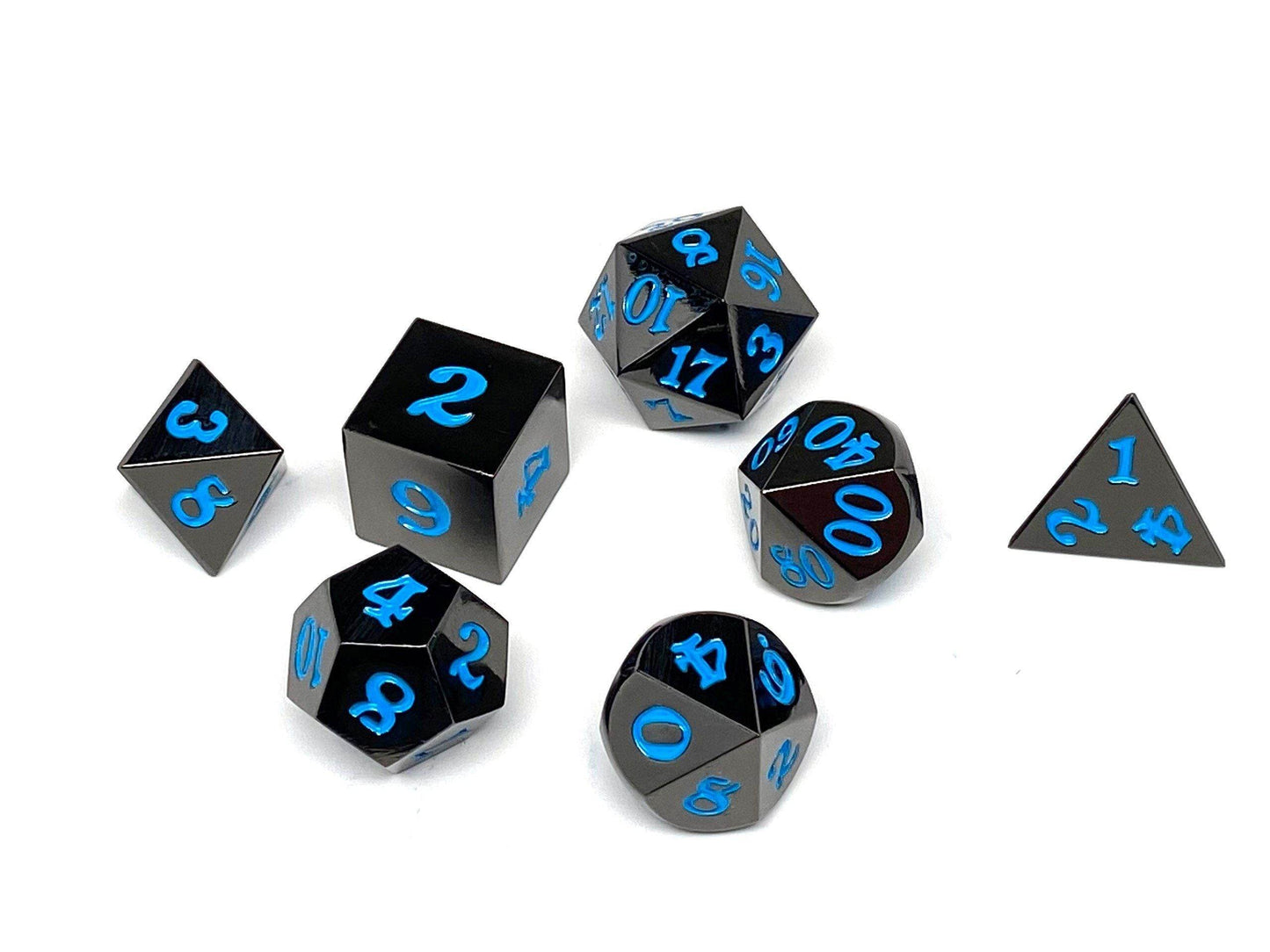 Gun Metal 7 Piece Dice Set - Signature Font - Powder Blue - 