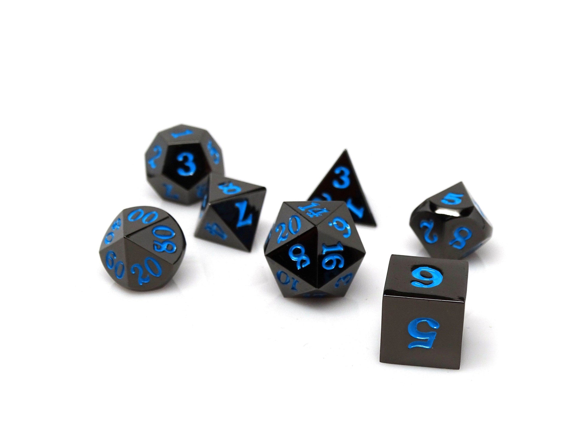 Gun Metal 7 Piece Dice Set - Signature Font - Powder Blue - 