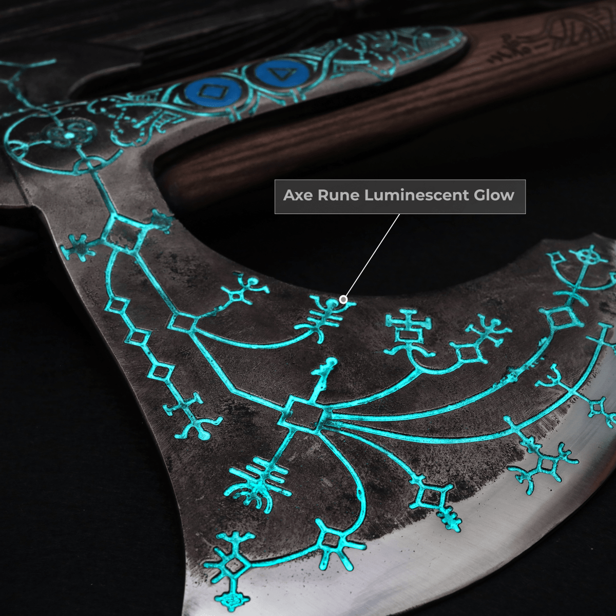 Hand-forged "Ragnarok Kratos axe" with carved handle and Luminescent Glow-in-the-Dark Runes