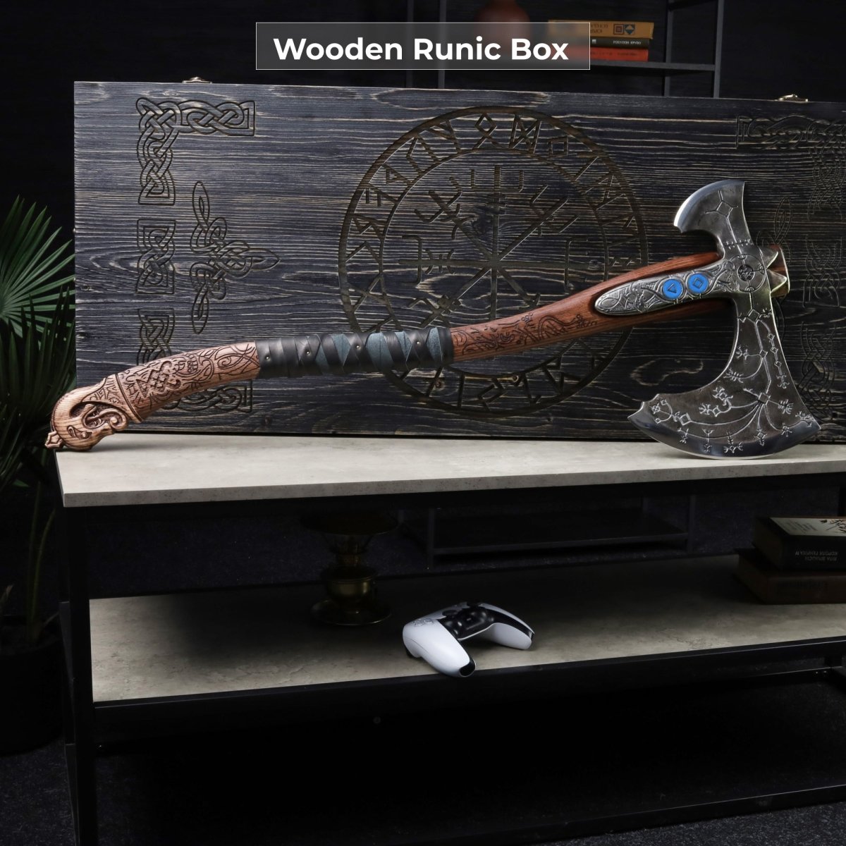 Hand-forged "Ragnarok Kratos axe" with carved handle and Luminescent Glow-in-the-Dark Runes