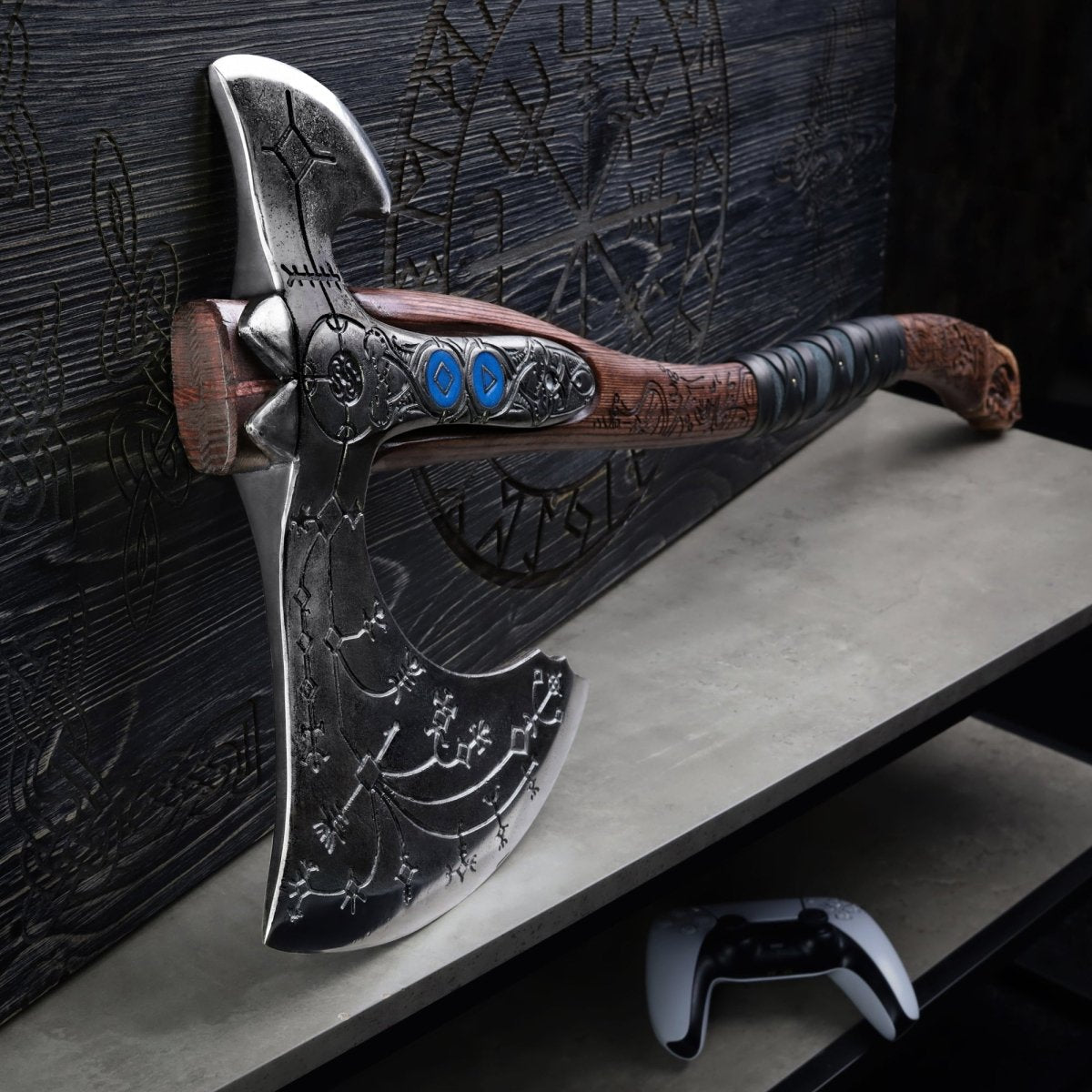 Hand-forged "Ragnarok Kratos axe" with carved handle and Luminescent Glow-in-the-Dark Runes