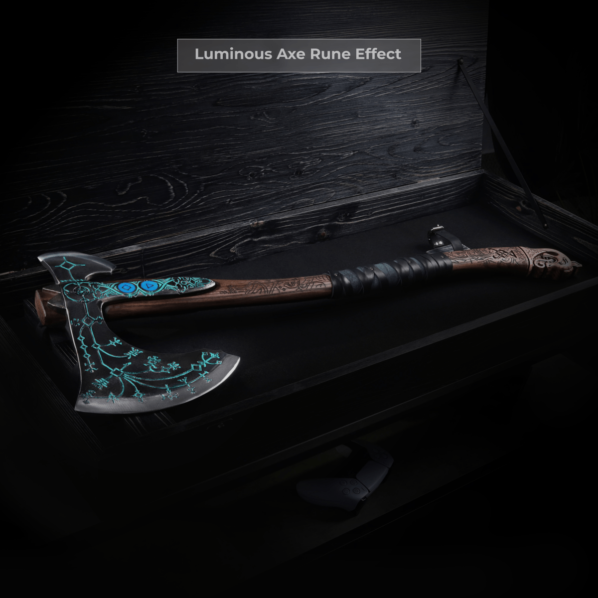 Hand-forged "Ragnarok Kratos axe" with carved handle and Luminescent Glow-in-the-Dark Runes