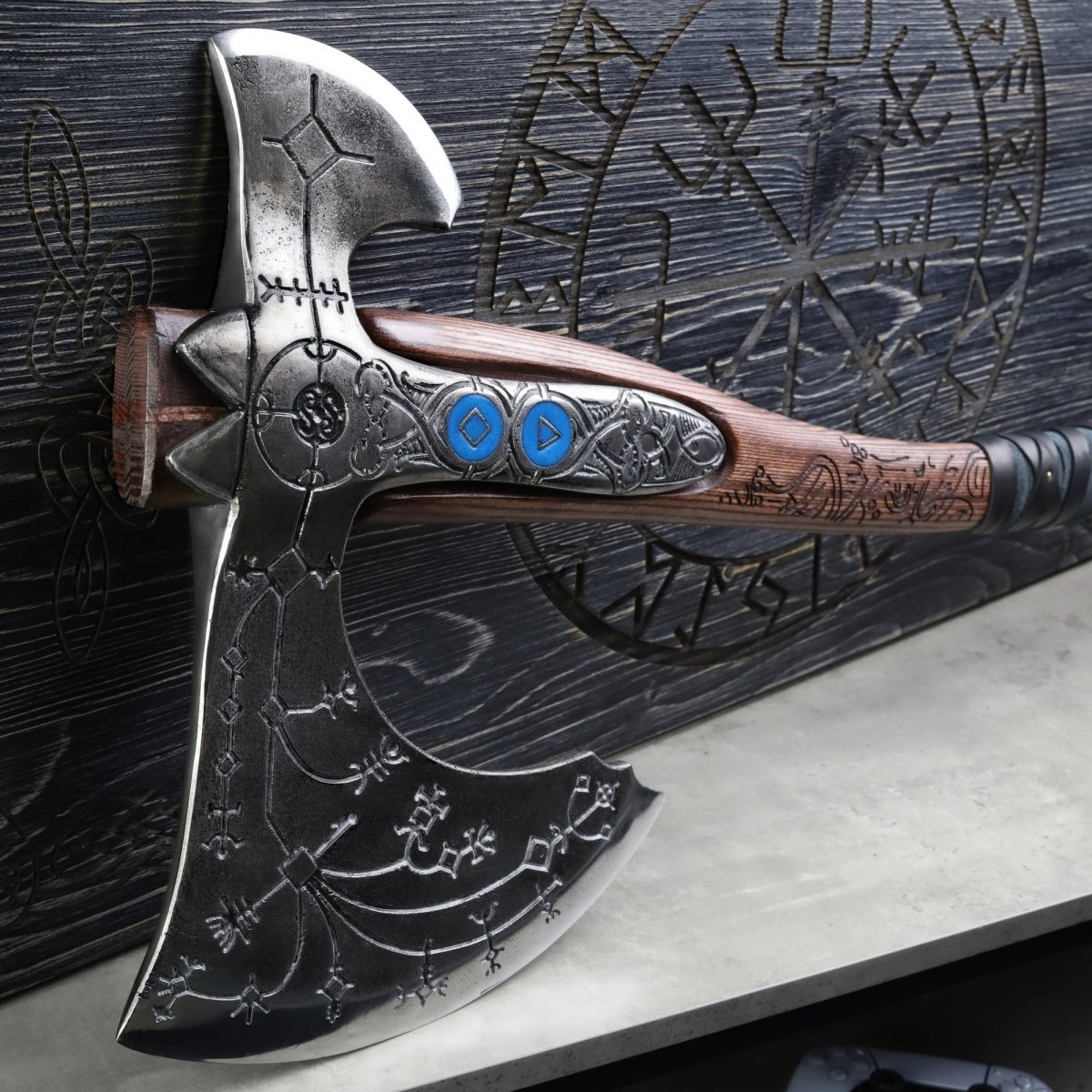 Hand-forged "Ragnarok Kratos axe" with carved handle and Luminescent Glow-in-the-Dark Runes