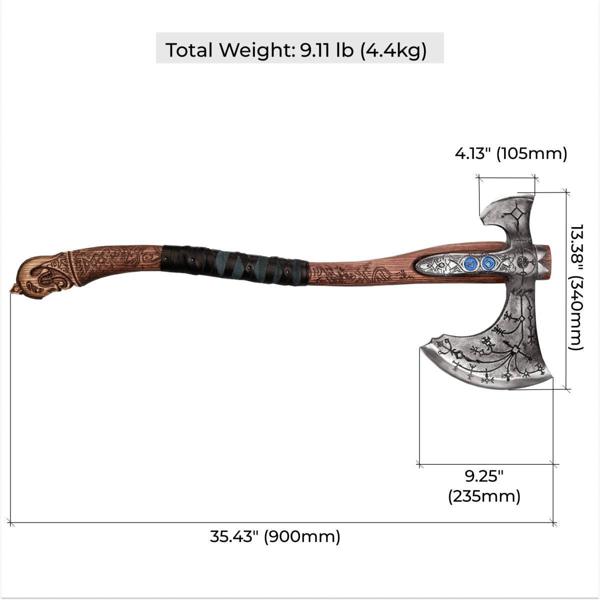 Hand-forged "Ragnarok Kratos axe" with carved handle and Luminescent Glow-in-the-Dark Runes