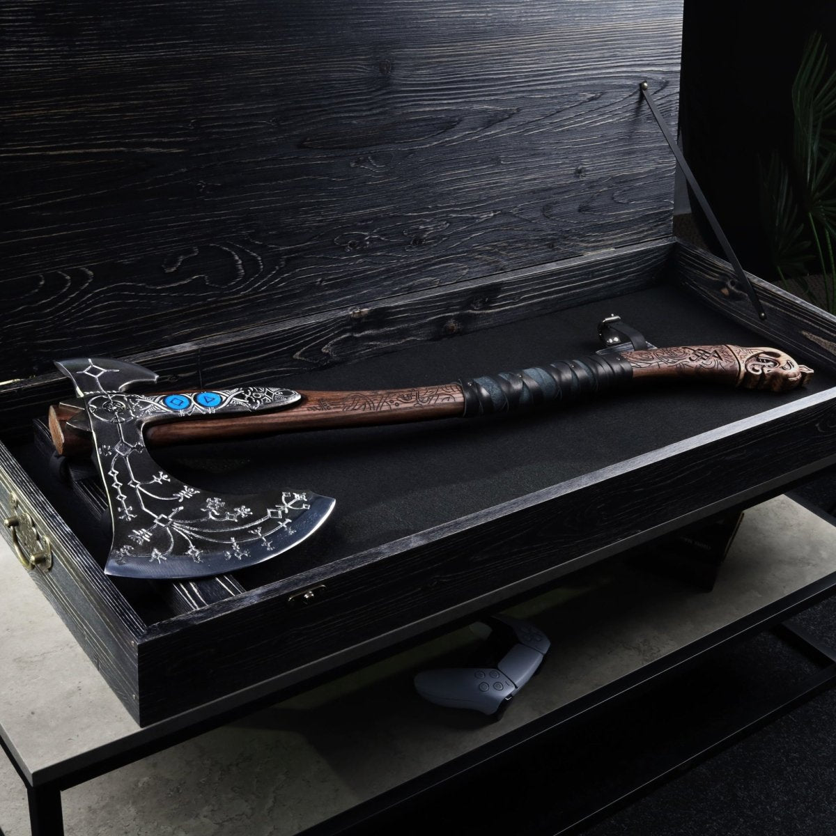 Hand-forged "Ragnarok Kratos axe" with carved handle and Luminescent Glow-in-the-Dark Runes