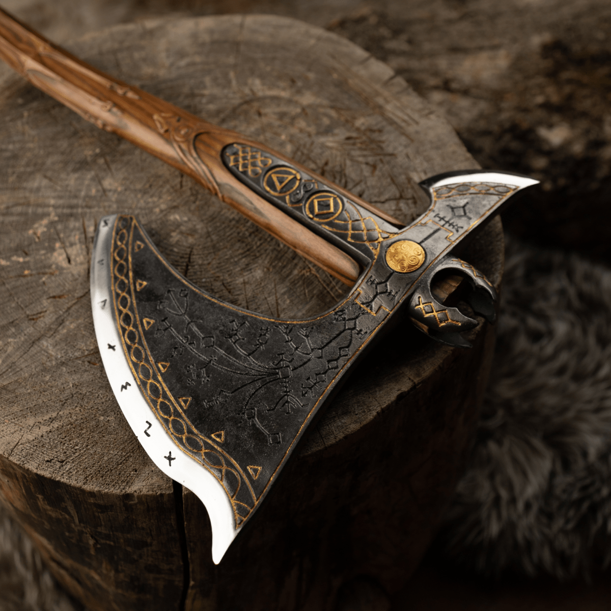Handcrafted Leviathan axe with leather cover and glow in the dark runes