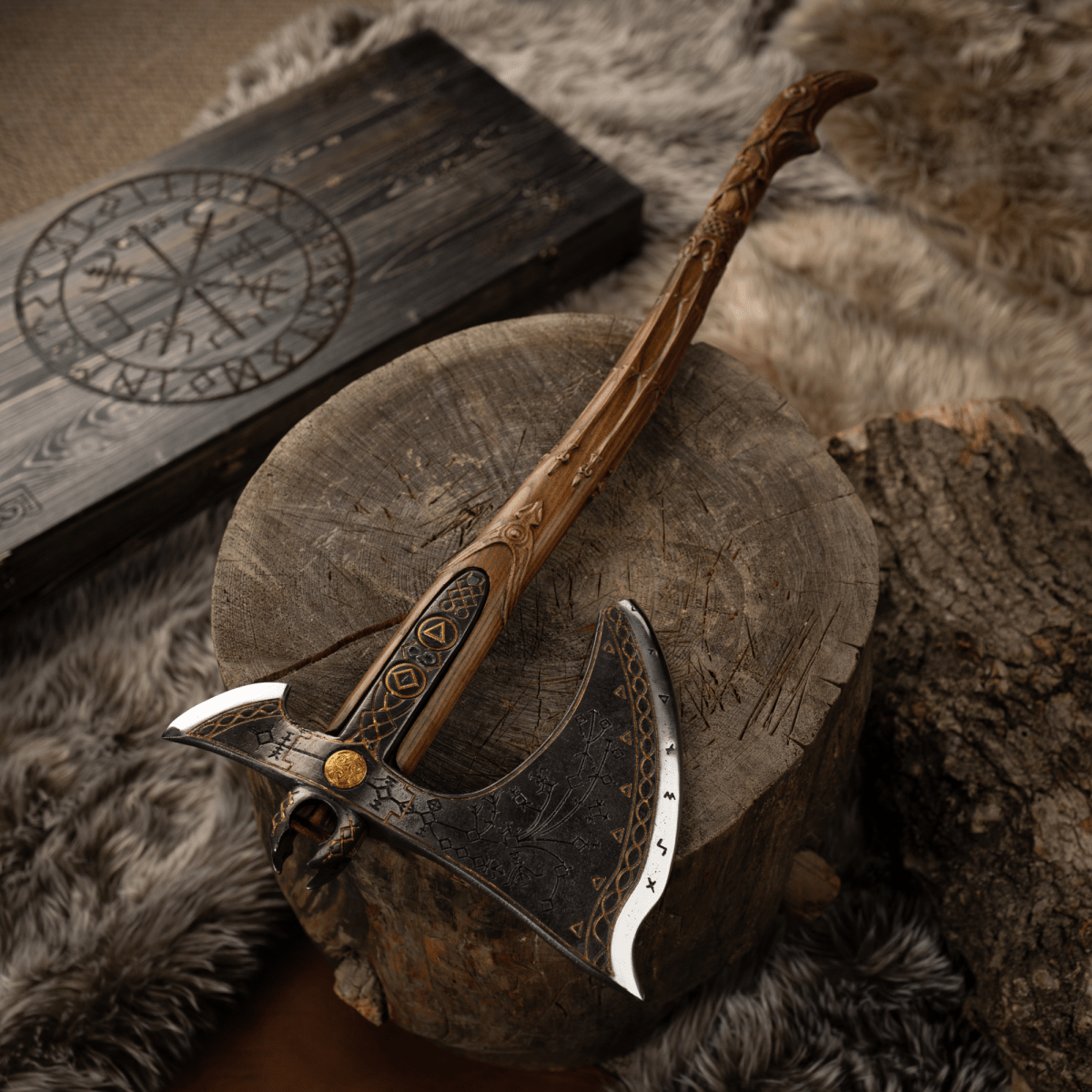 Handcrafted Leviathan axe with leather cover and glow in the dark runes
