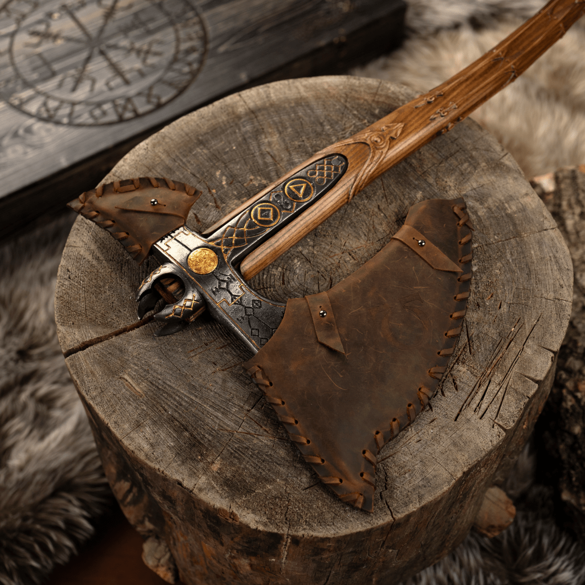 Handcrafted Leviathan axe with leather cover and glow in the dark runes