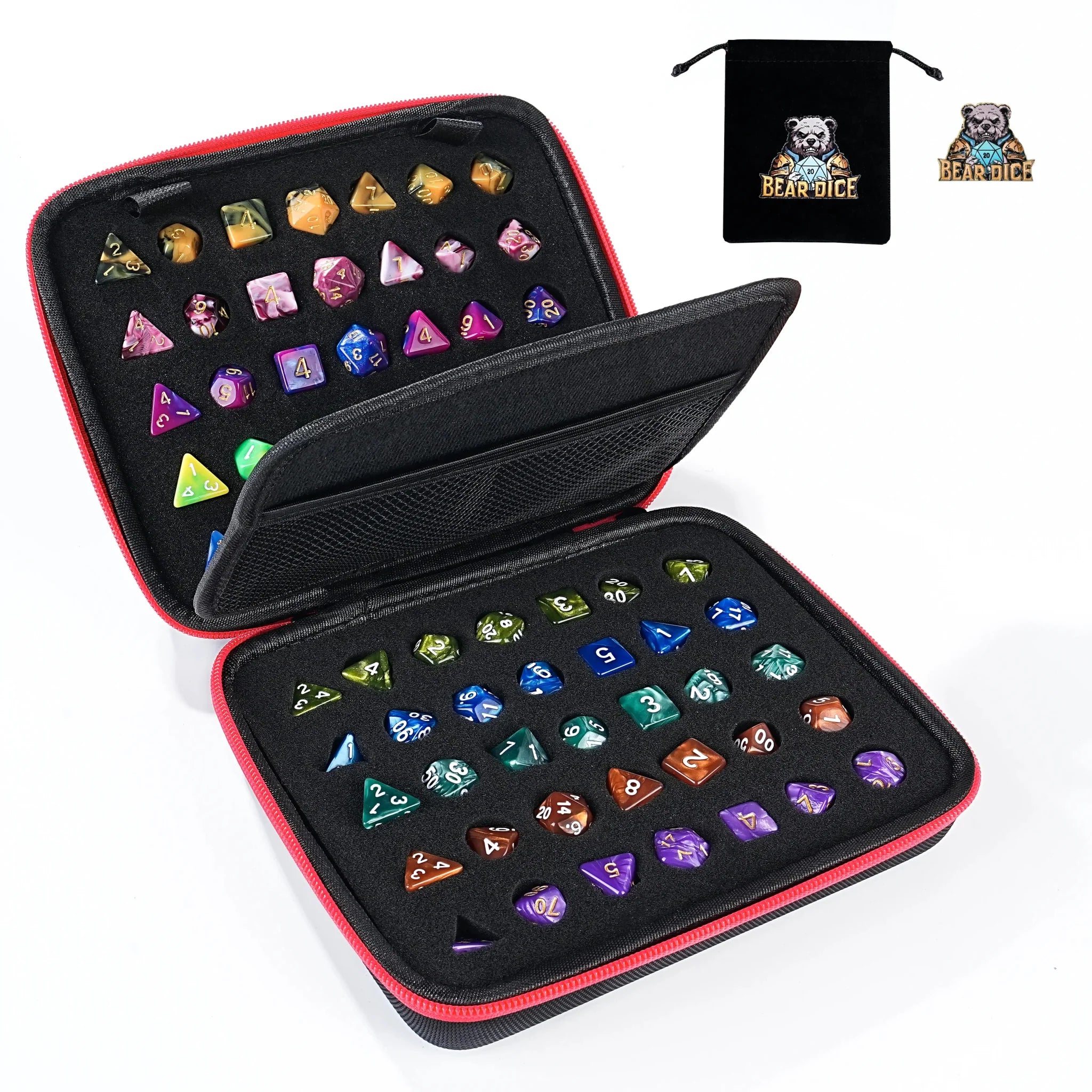 Dice Collection - DND Dice Set Storage Box + Zippered Dice Case + Logo Badge