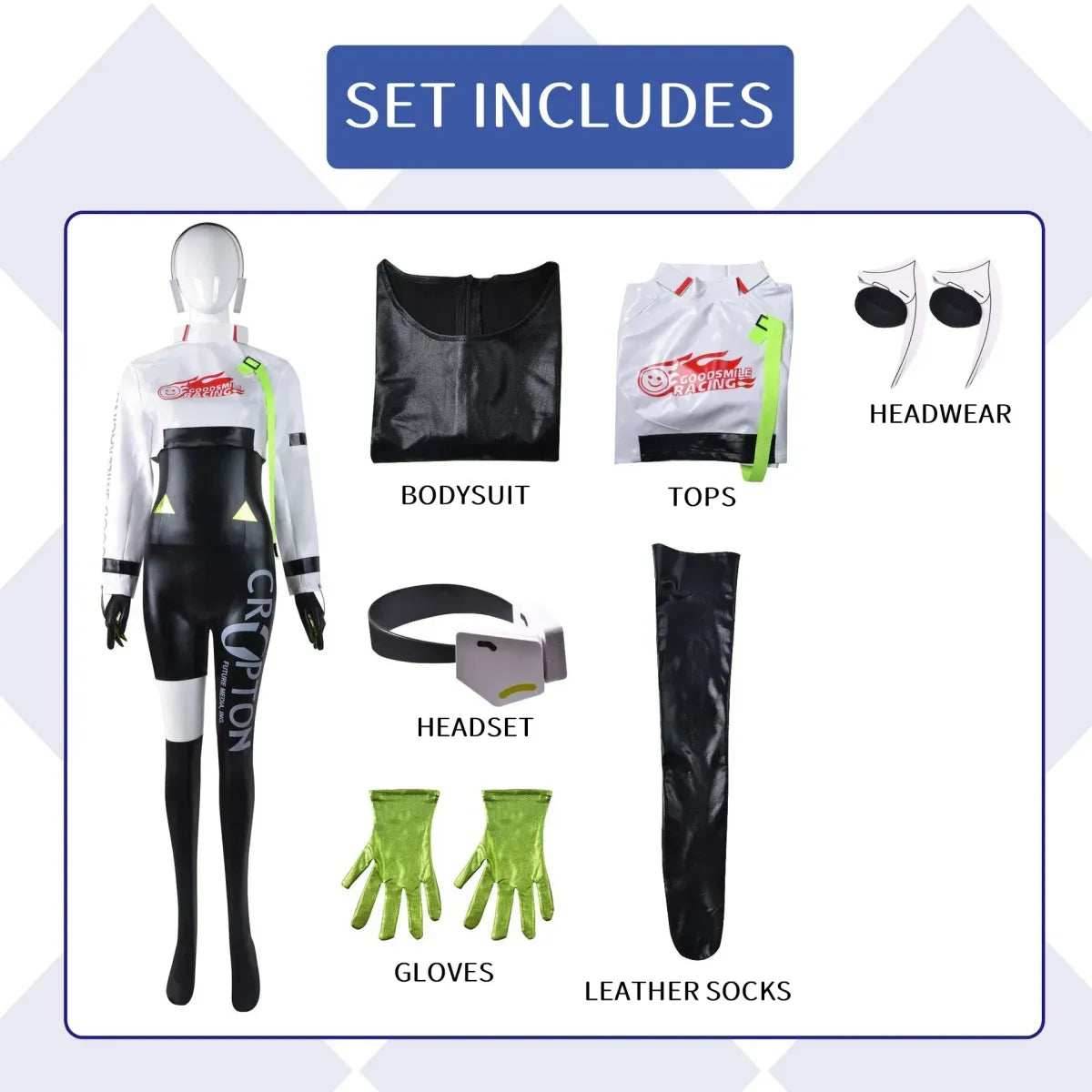 Hatsune Miku Racing 2022 Cosplay Costume – Full Bodysuit with Wig and Gloves - Costume / XS