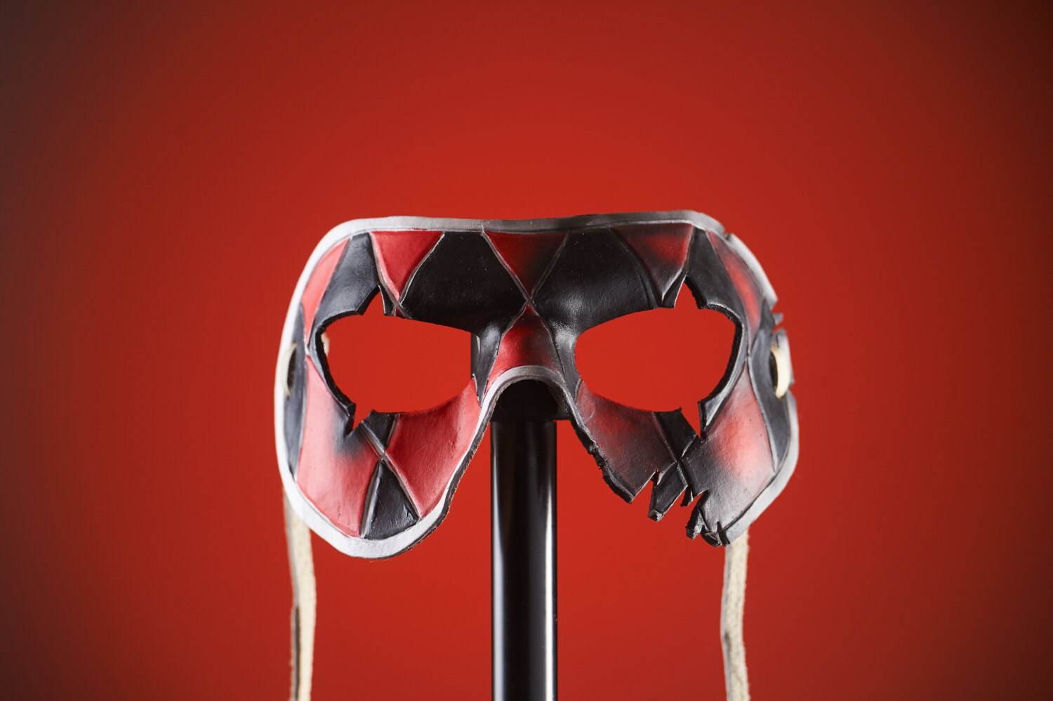Two Face Harlequin Handmade Genuine Leather Mask in Red - 