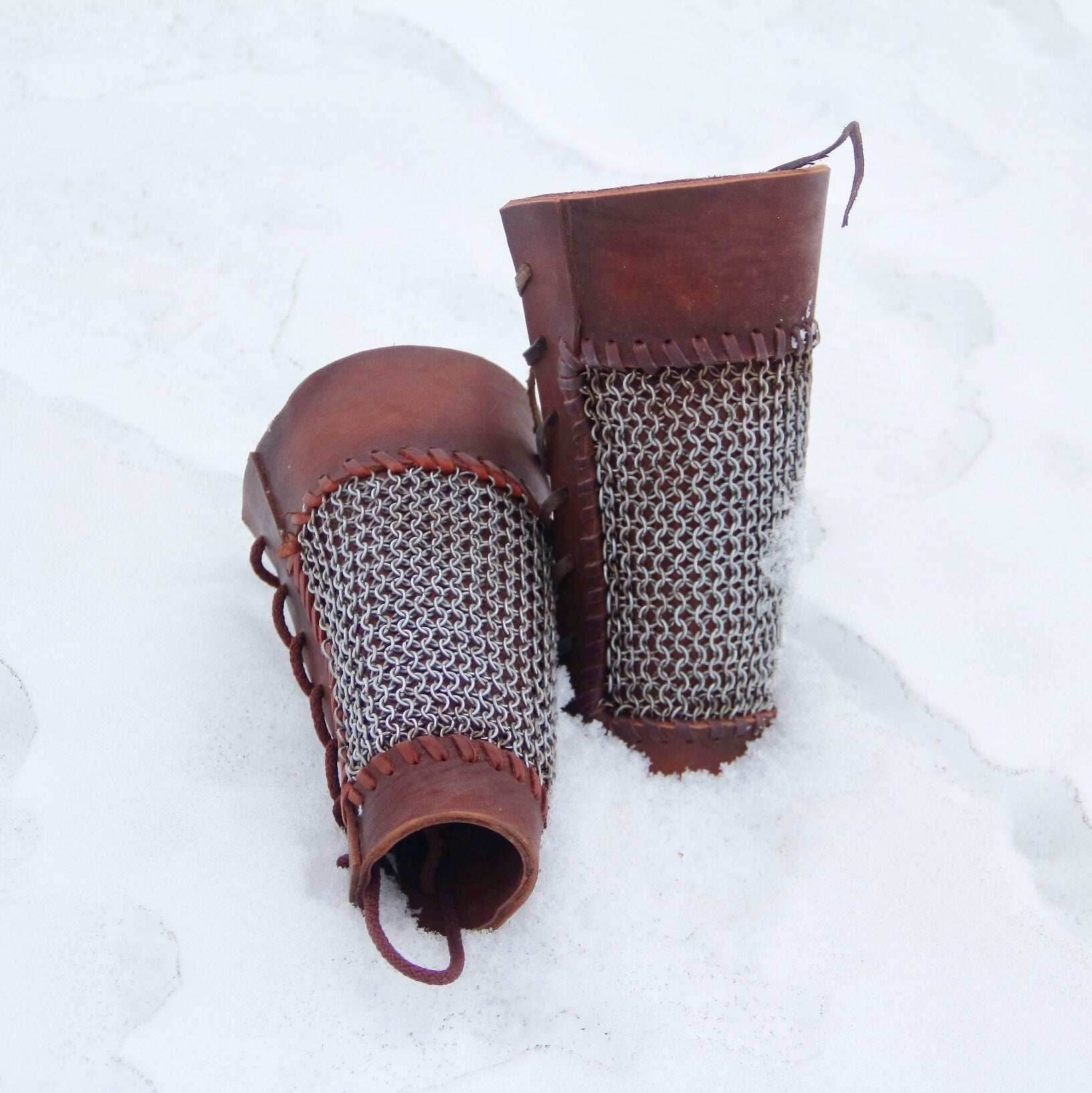 Viking leather bracers with сhainmai - brown (as pictured)