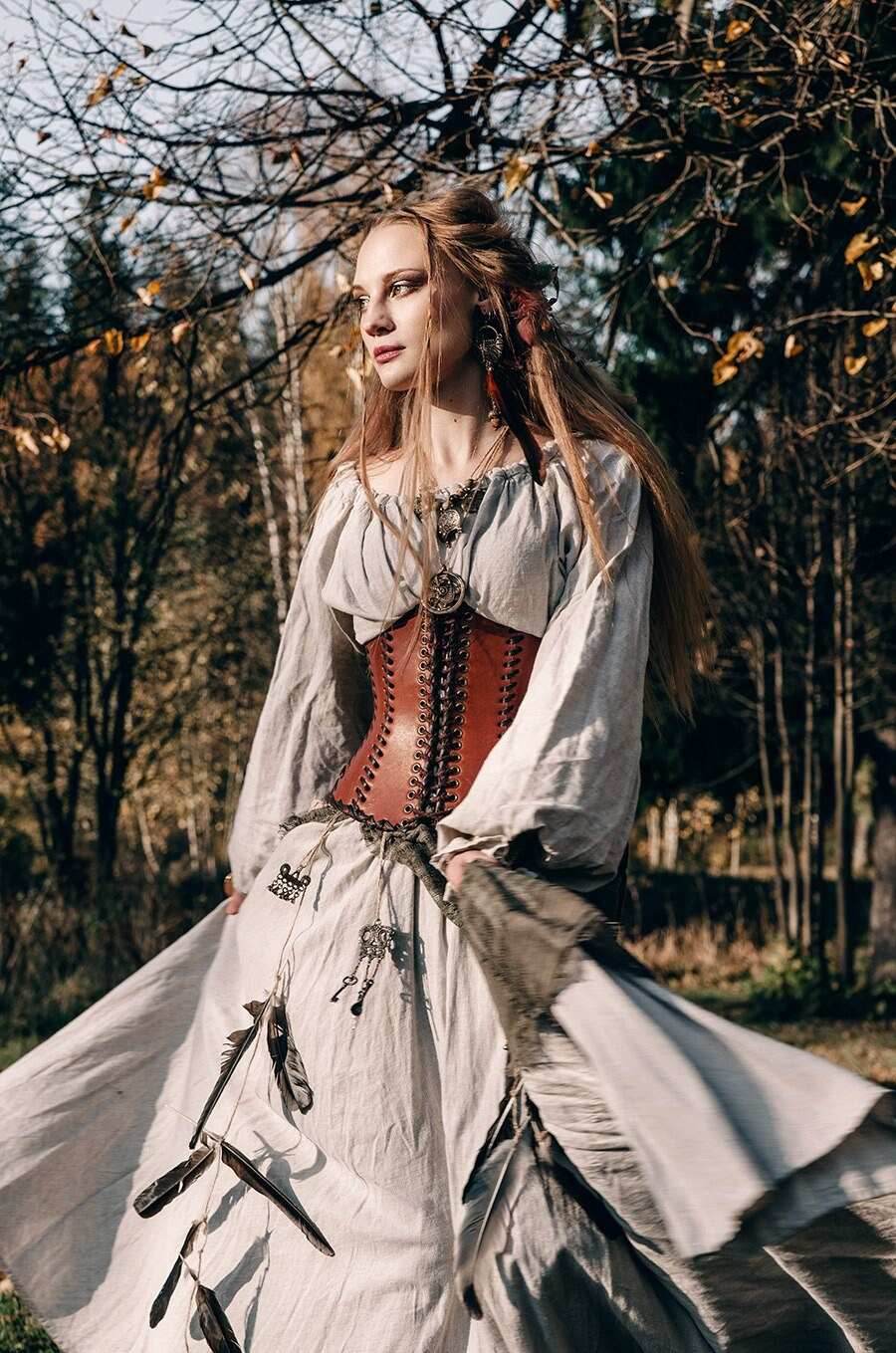 Leather brown corset belt “Forest witch” - XS / Brown (as on foto)