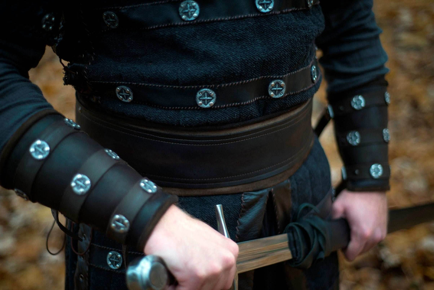 Medieval leather bracers for Larp - brown (as pictured) / For two hands