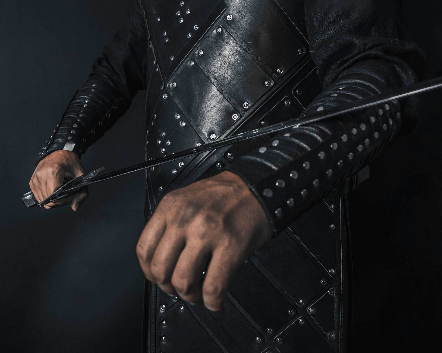 Medieval leather bracers with rivets - for one hand