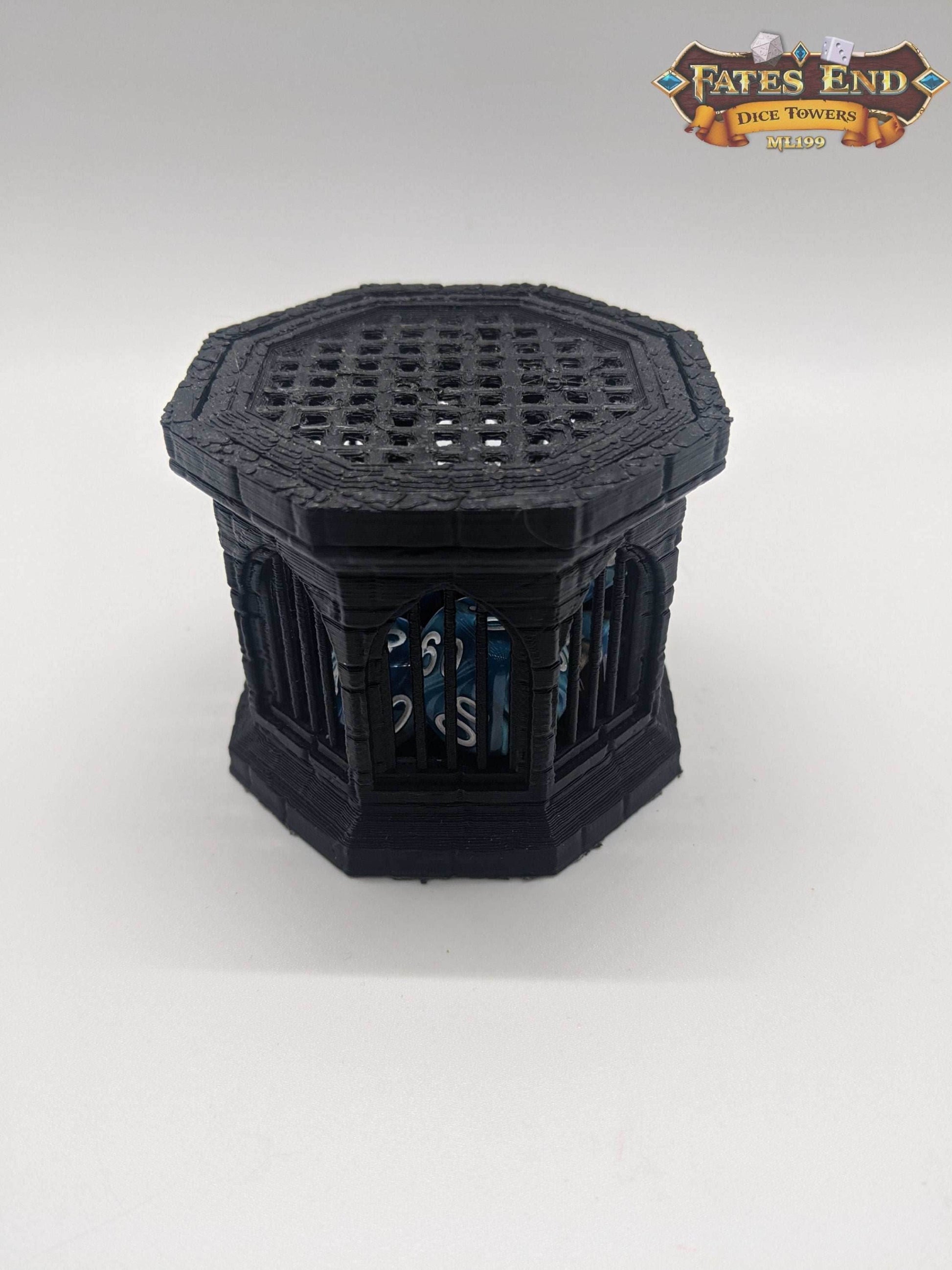 Stone 3D Printed Dice Jail - Fate's End Collection - Encase Wayward Rolls in Timeless Stone Fortresses! - Black / Yes- Include Random Dice Set