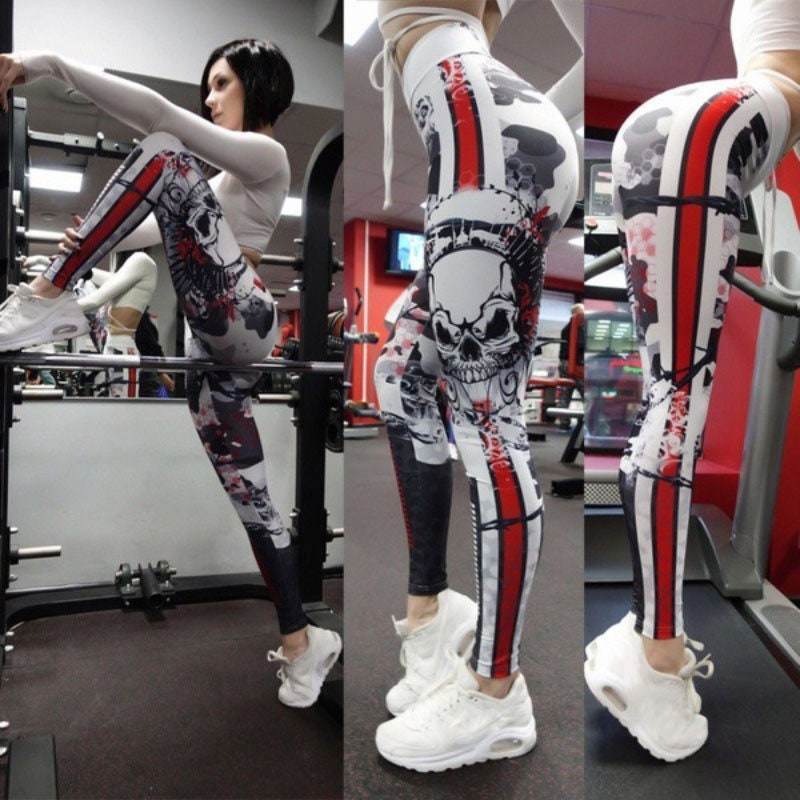 Skull Red Stripe Abstract Print Leggings | Yoga Pants | Dark Gothic Stretchy - Small