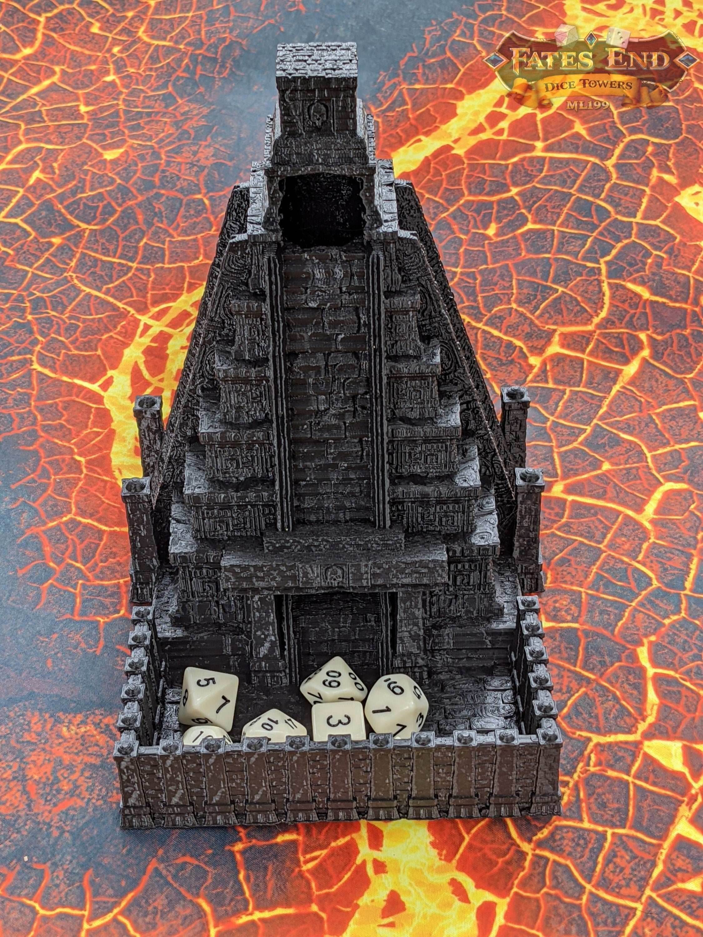 Aztec Style Temple 3D Printed Dice Tower - Fate's End Collection - Tabletop RPG - Unearth Ancient Rolls! - Black / Yes- Include Random Dice Set