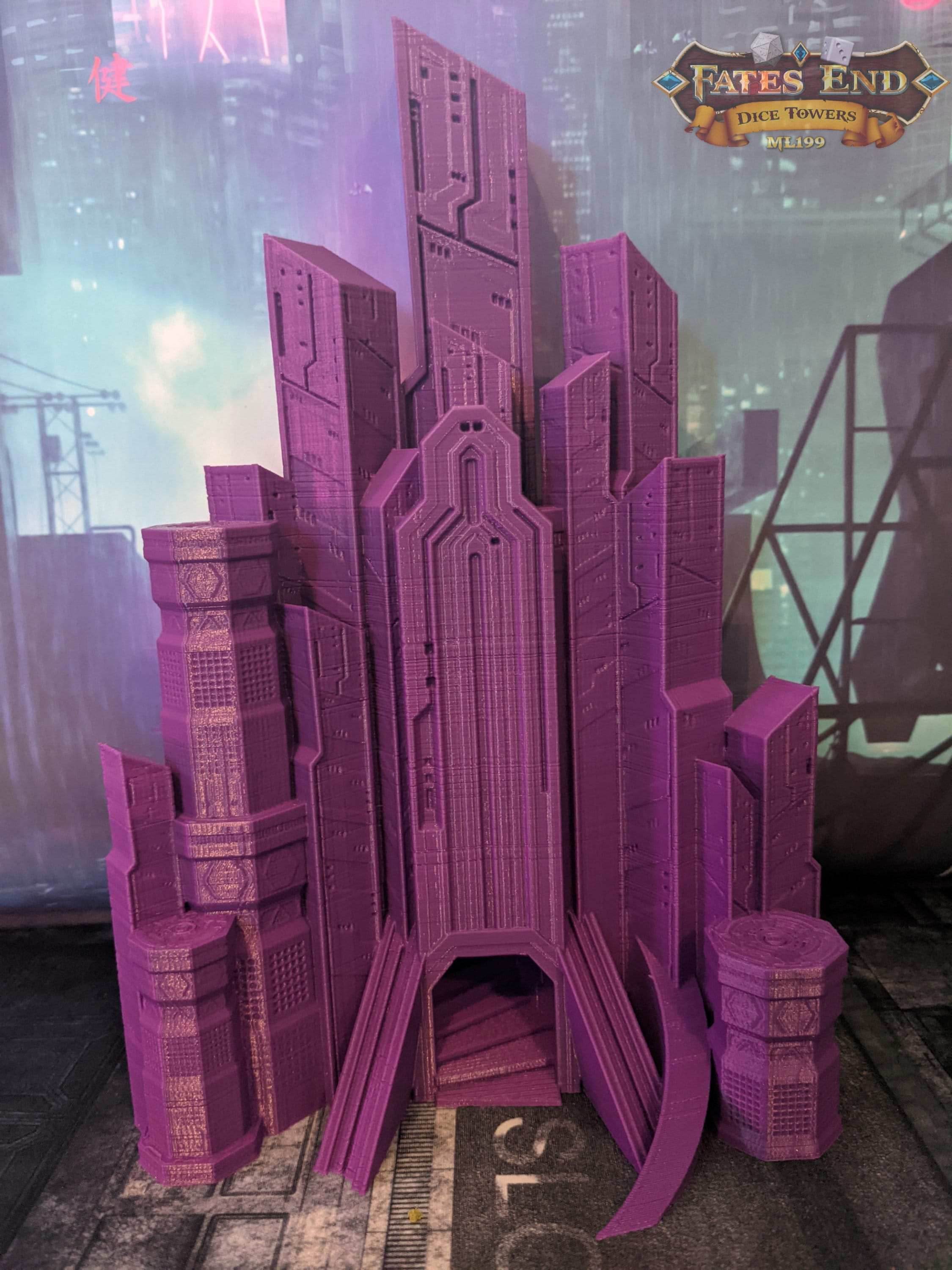 Cyberpunk Dice Tower - Fate's End Collection - Navigate Neon Realities and Futuristic Fates with Every Roll! - Black / Yes- Include Random Dice Set