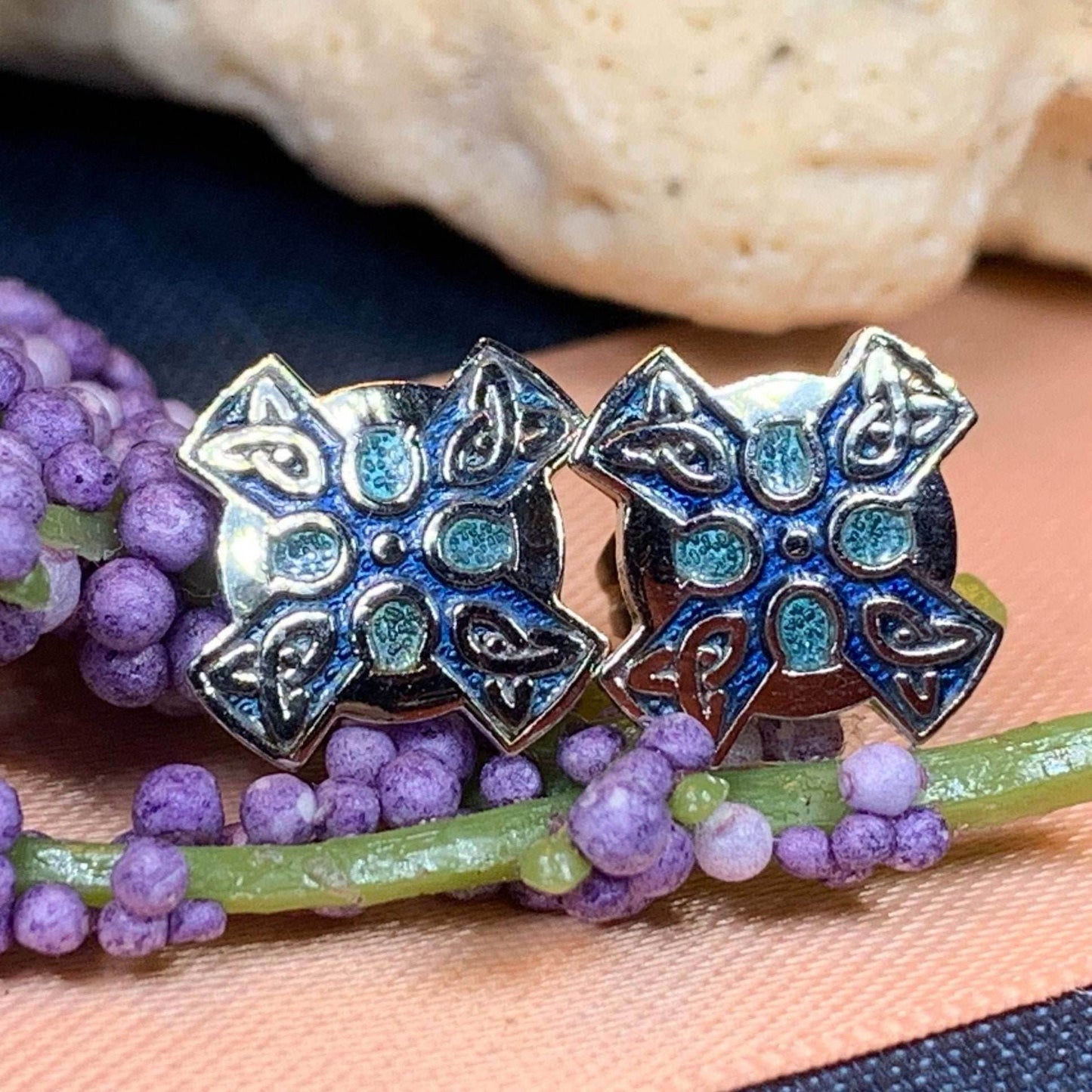Enamel Celtic Cross Stud Earrings - Green