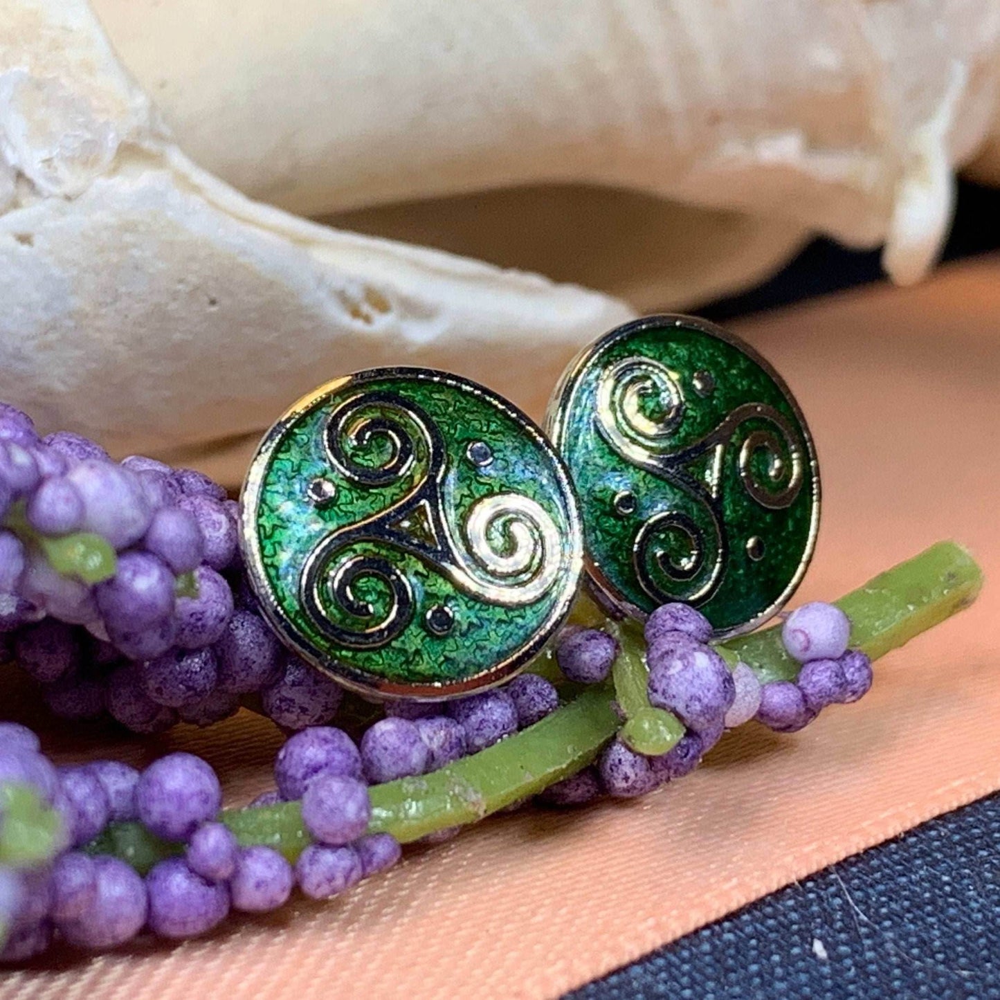 Celtic Triskele Stud Earrings - Green