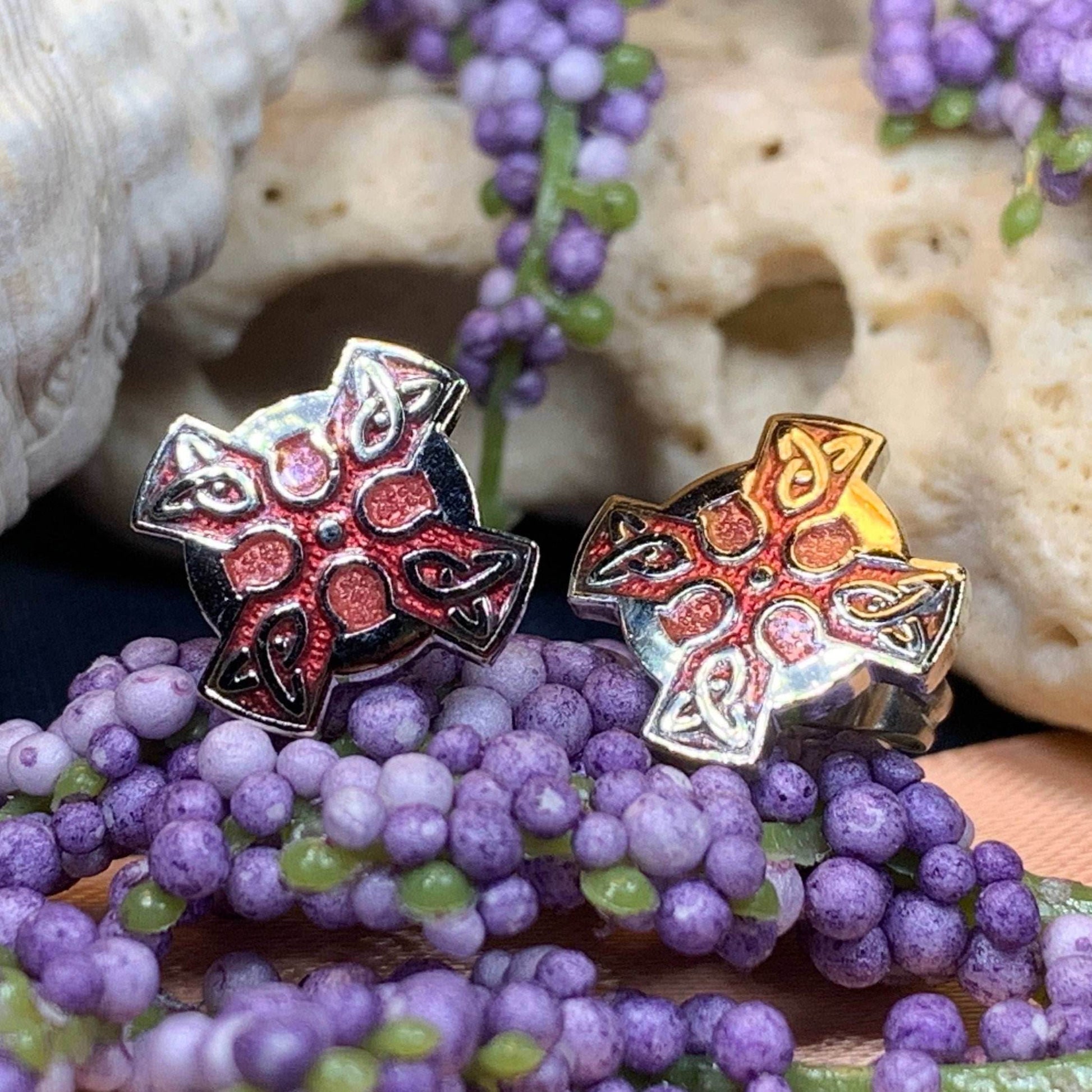 Enamel Celtic Cross Stud Earrings - Green