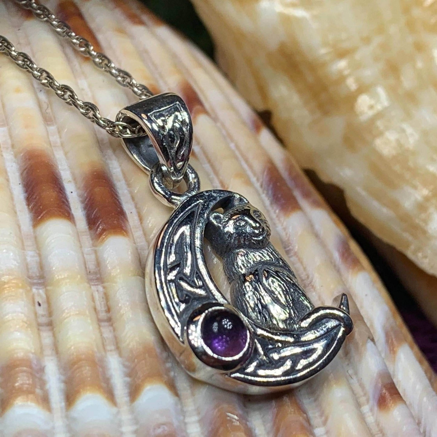 Celtic Cat in the Moon Necklace - 18 / Amethyst